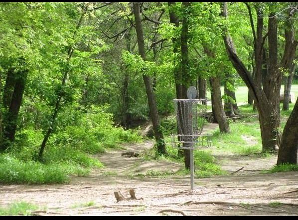 A metal disc golf basket stands in a shaded, wooded area at the Bill Allen Disc Golf Course. The ground is a mix of dirt and scattered grass, with narrow walking paths winding through tall trees and dense green foliage, creating a peaceful and natural forest setting for players.