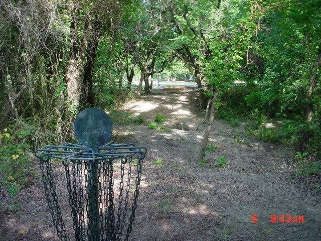 A close-up view of a disc golf basket at the Bill Allen Disc Golf Course, surrounded by a forested area with a dirt pathway leading through a tunnel of trees. Dappled sunlight filters through the dense canopy, highlighting the natural terrain and shaded fairway ahead.